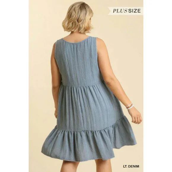Umgee Plus Size Light Denim Washed Button Front Sleeveless Tiered Dress - Picture 5 of 5